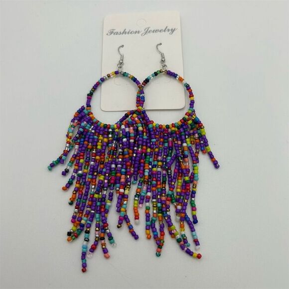 Bohemian Seed Beaded Purple Tassel Fringe Pierced Long Dangle Earrings - Picture 2 of 5